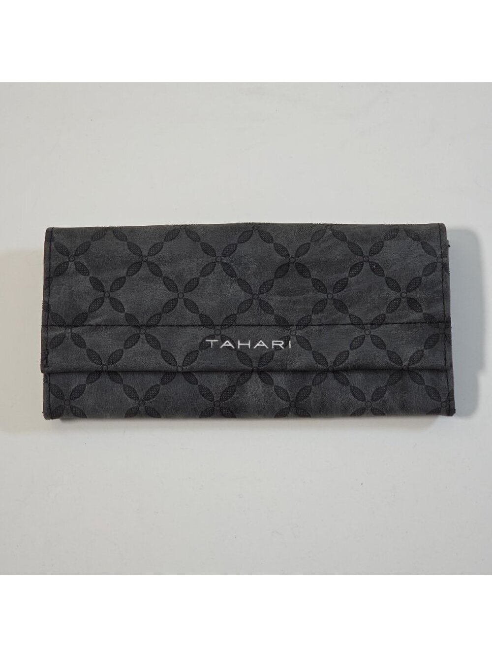 Tahari Grey Geometric Embossed Long Wallet Clutch RFID Identity Protect Trifold